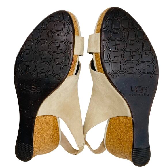 Ugg Hazel Sandals Suede 10 Beige Cork Wedge 4" Heels - Picture 10 of 13